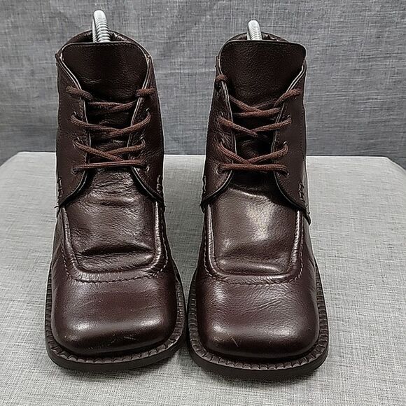 NaNa VTG Brown Leather Granny Ankle Boots Block Heel lace-up SZ 39 - Picture 2 of 12